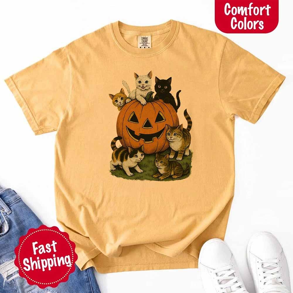 Vintage 90s Cat Halloween Tee - (9 Color Options) - (S-4X) - Ladies