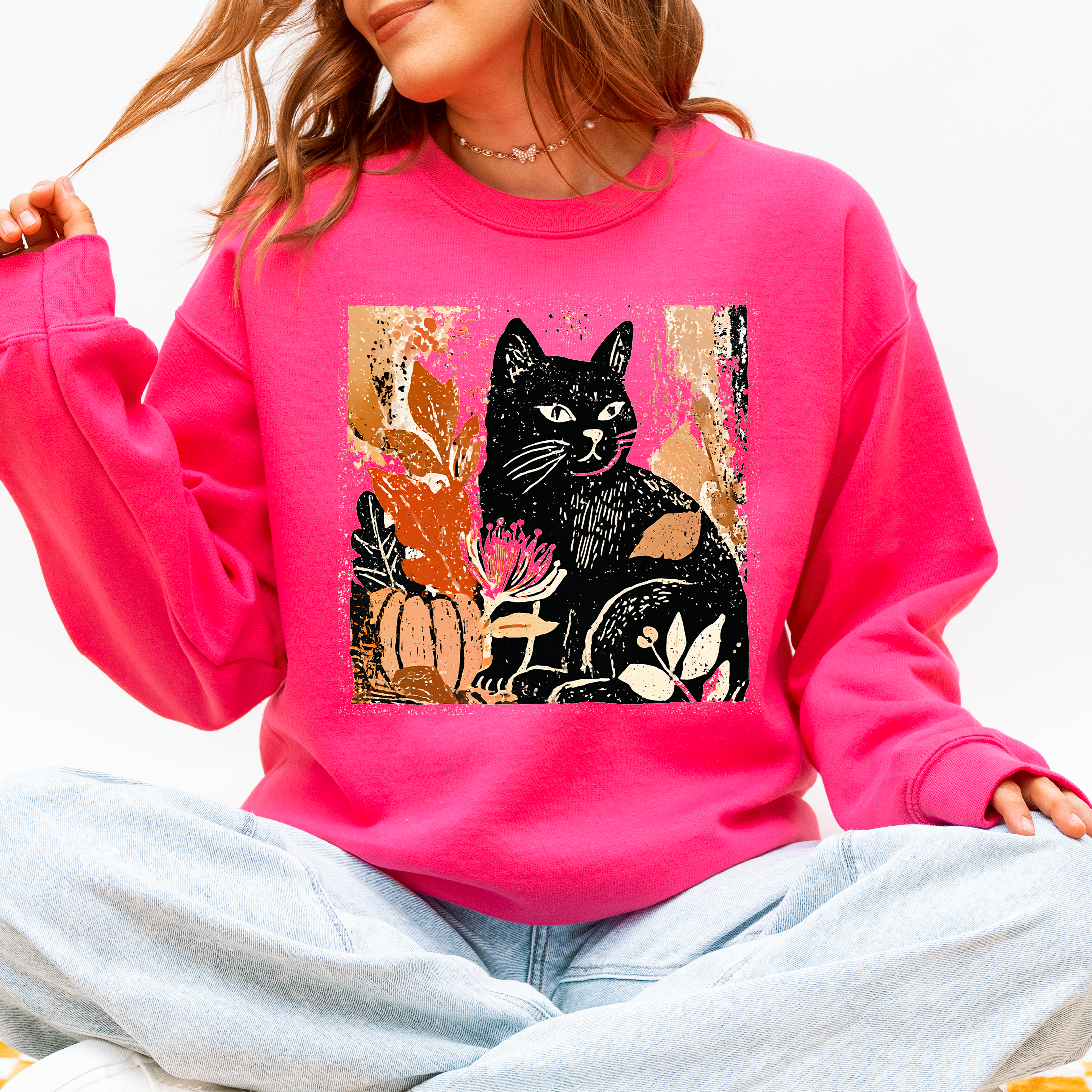 Vintage Halloween Black Cat Sweatshirt - (10 Color Options) -(S-2X) - Unisex