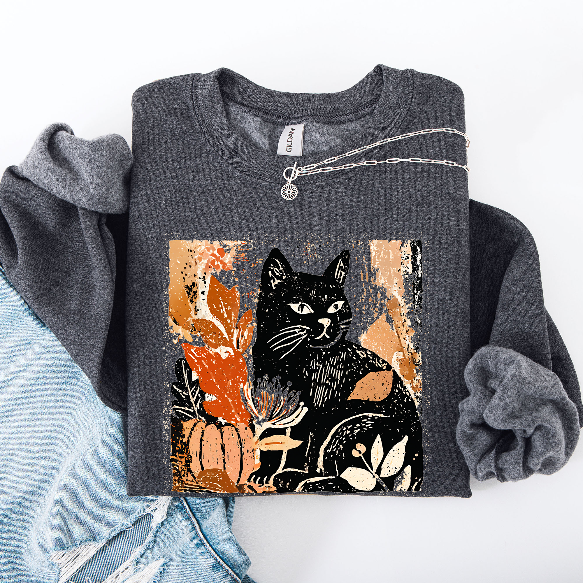 Vintage Halloween Black Cat Sweatshirt - (10 Color Options) -(S-2X) - Unisex