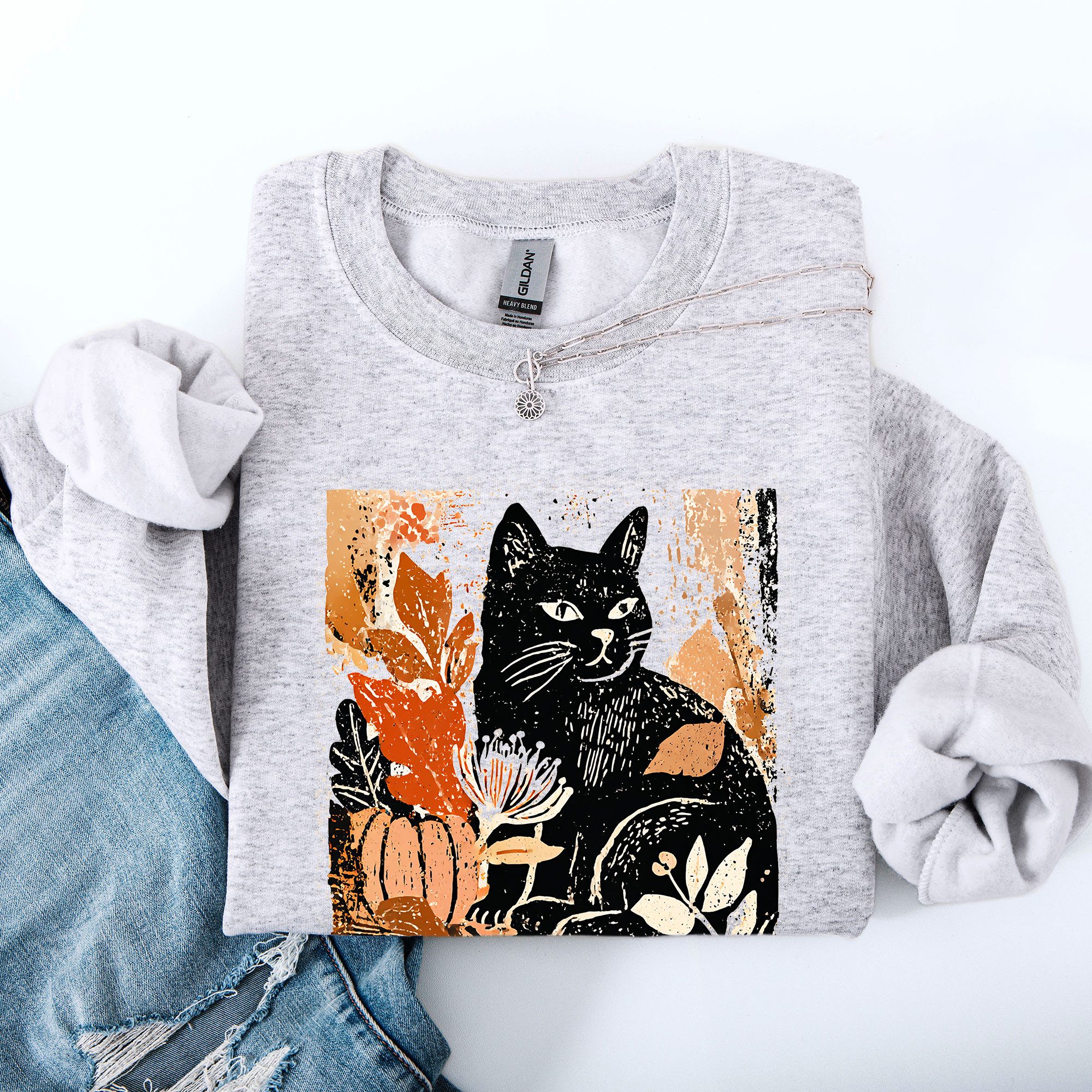 Vintage Halloween Black Cat Sweatshirt - (10 Color Options) -(S-2X) - Unisex