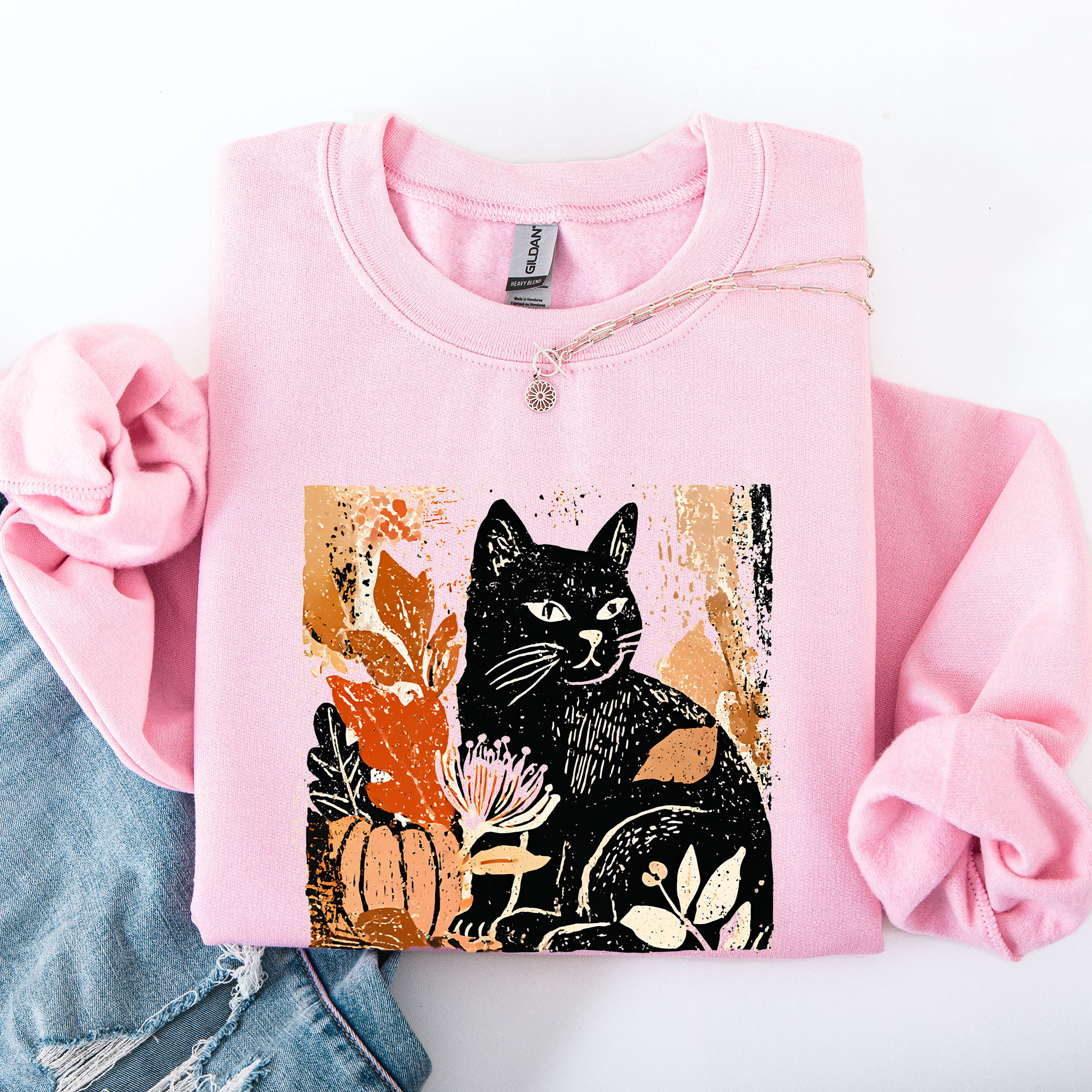 Vintage Halloween Black Cat Sweatshirt - (10 Color Options) -(S-2X) - Unisex