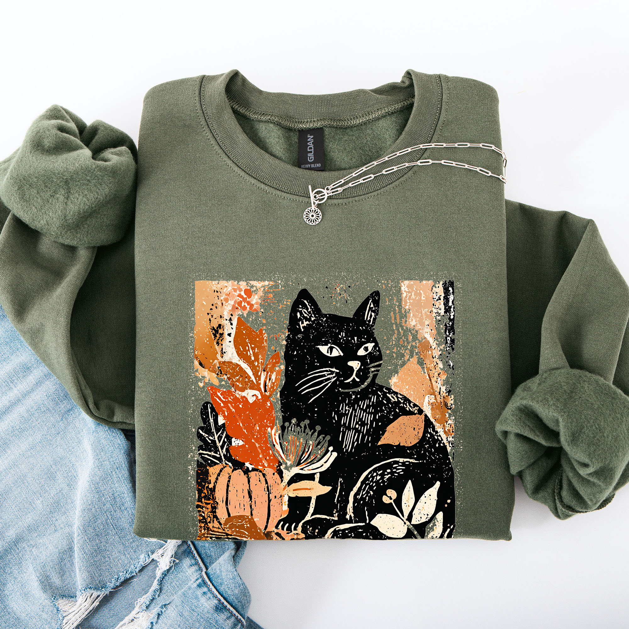 Vintage Halloween Black Cat Sweatshirt - (10 Color Options) -(S-2X) - Unisex