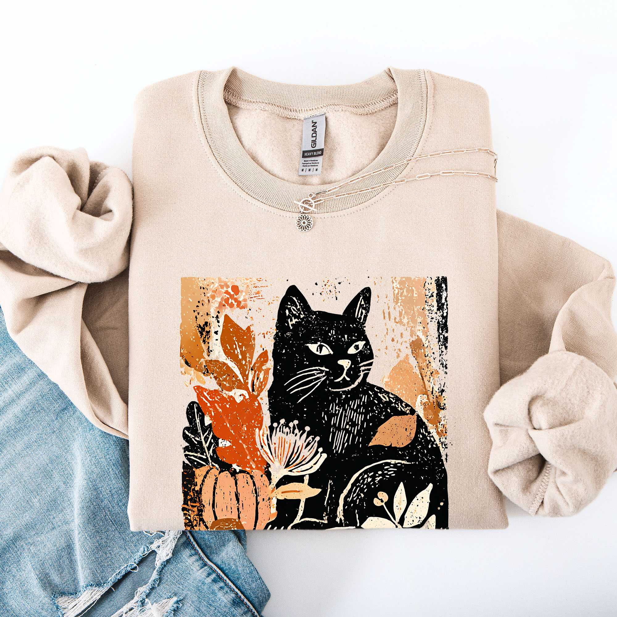 Vintage Halloween Black Cat Sweatshirt - (10 Color Options) -(S-2X) - Unisex