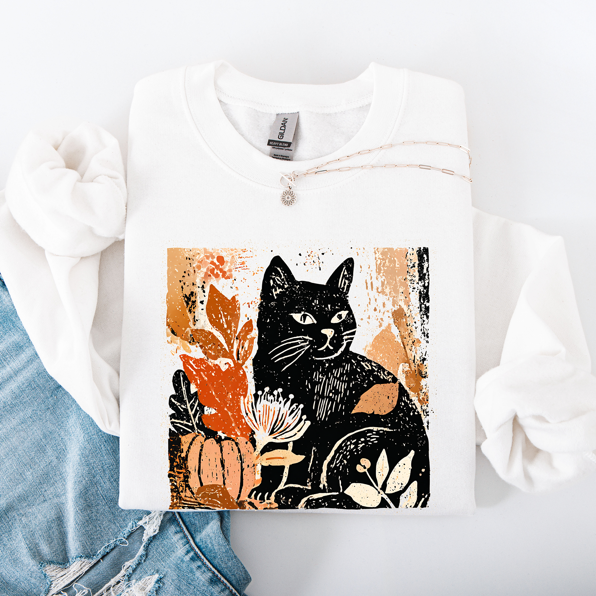 Vintage Halloween Black Cat Sweatshirt - (10 Color Options) -(S-2X) - Unisex