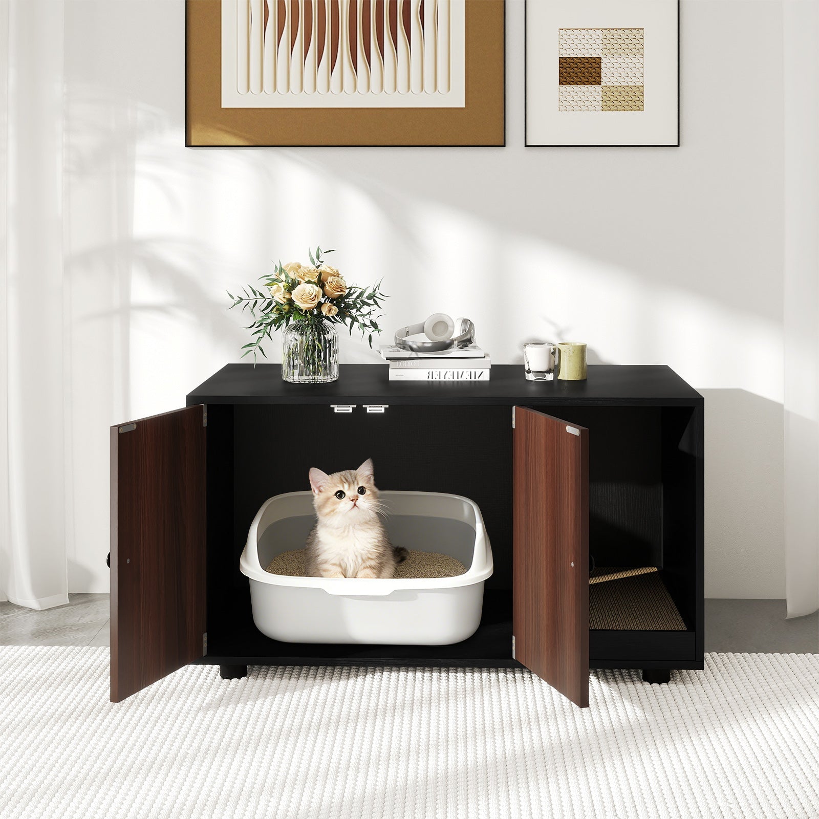 Cozy 2-Door Wooden Cabinet Enclosure with a Scratching Pad, or Litter Box - Cat - (3 Color Options)