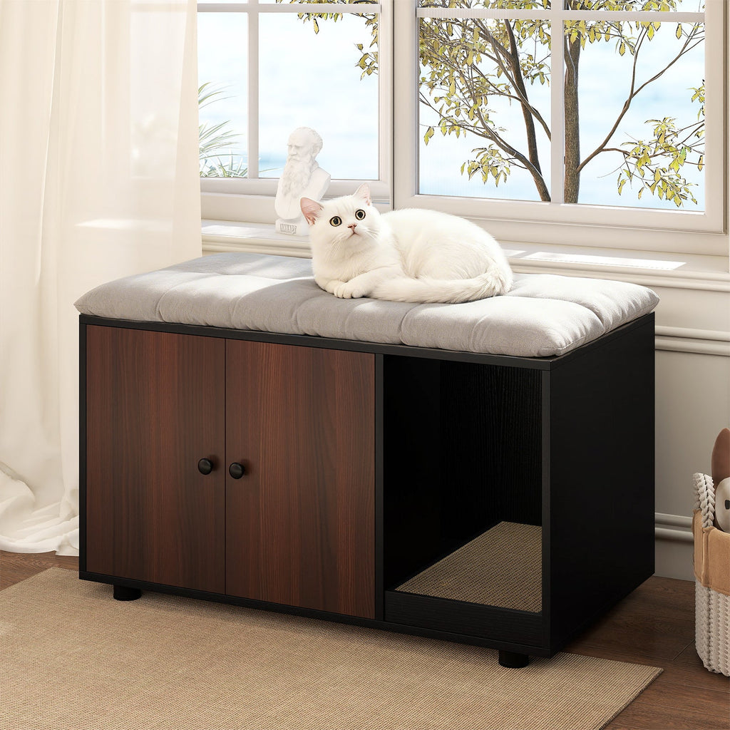 Cozy 2-Door Wooden Cabinet Enclosure with a Scratching Pad, or Litter Box - Cat - (3 Color Options)
