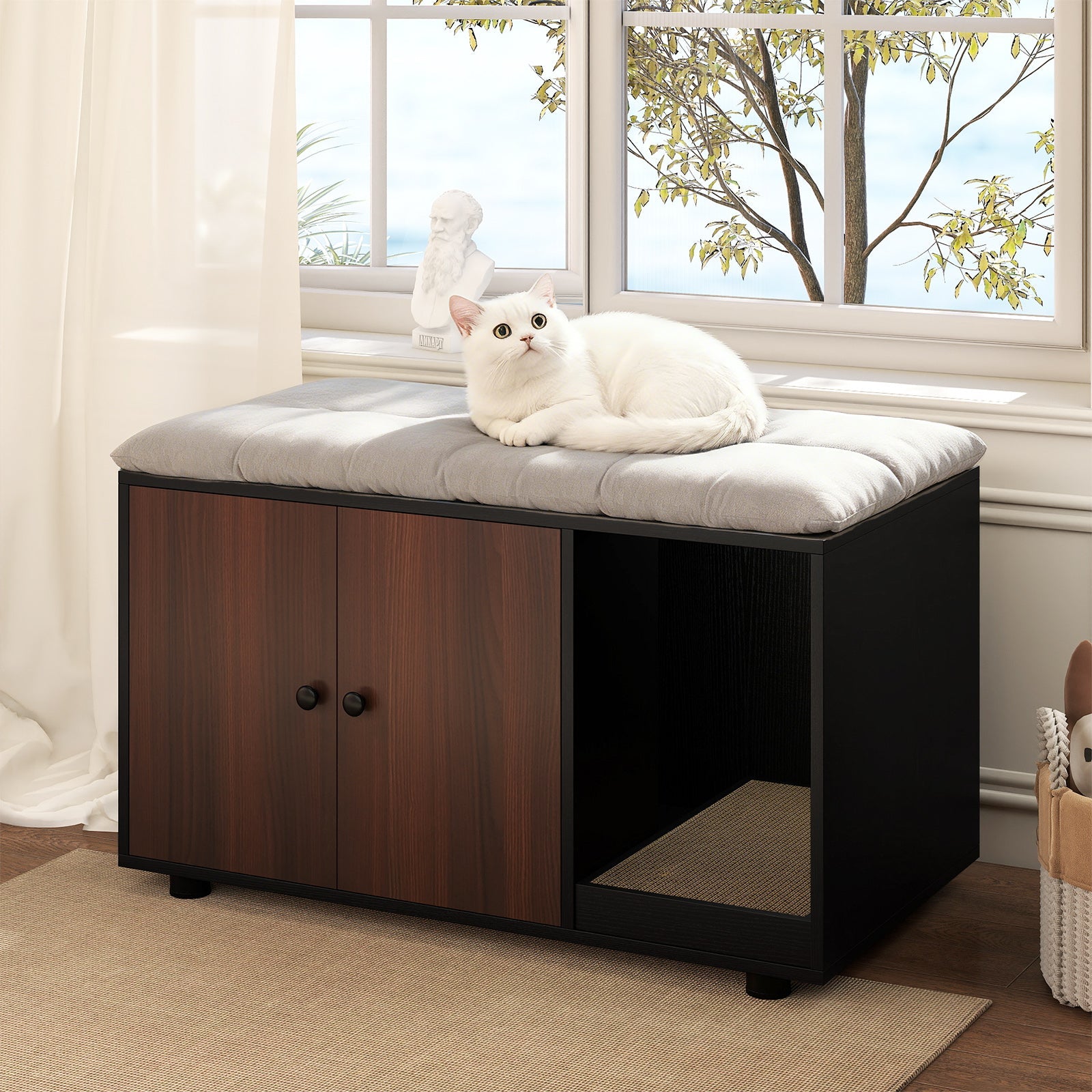 Cozy 2-Door Wooden Cabinet Enclosure with a Scratching Pad, or Litter Box - Cat - (3 Color Options)