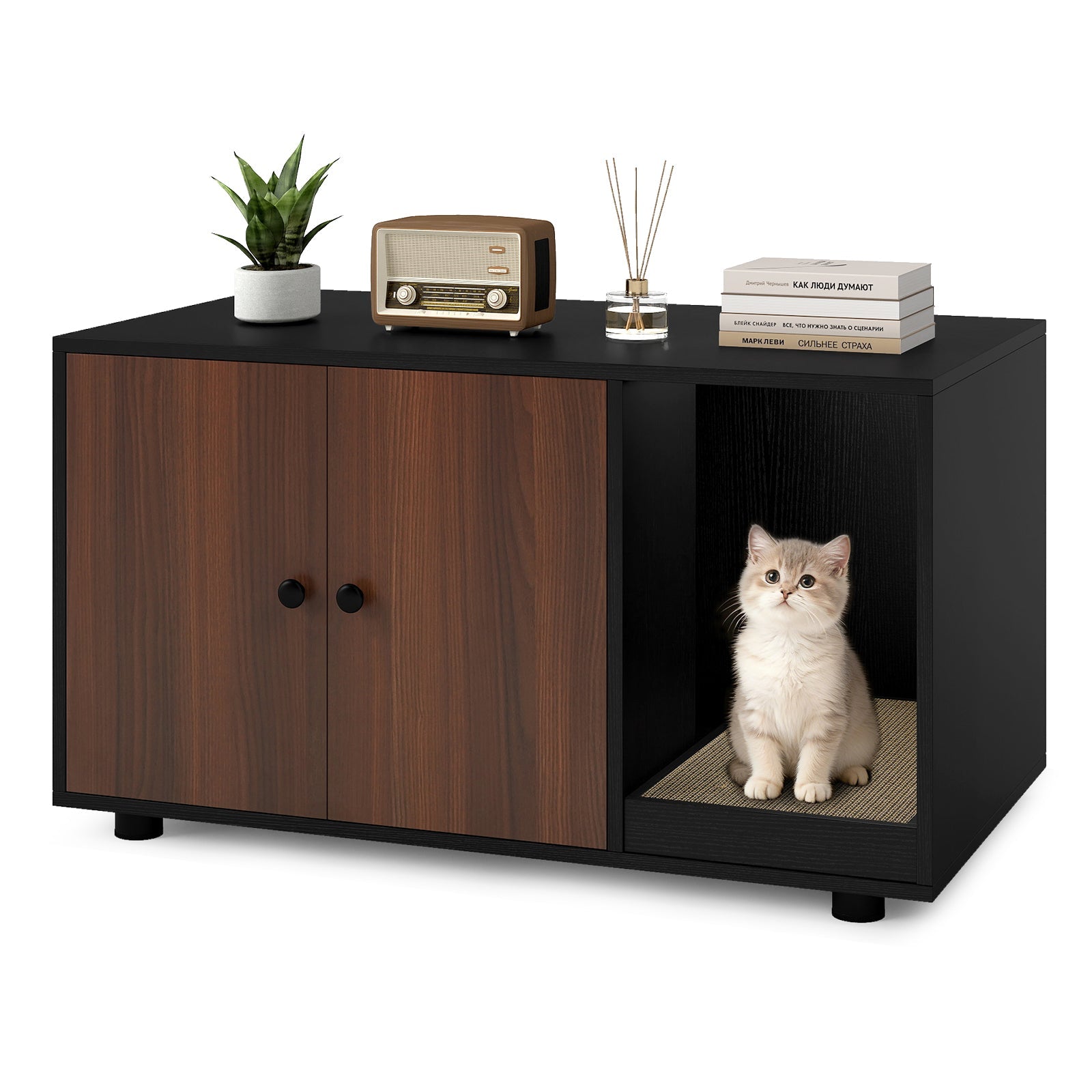 Cozy 2-Door Wooden Cabinet Enclosure with a Scratching Pad, or Litter Box - Cat - (3 Color Options)