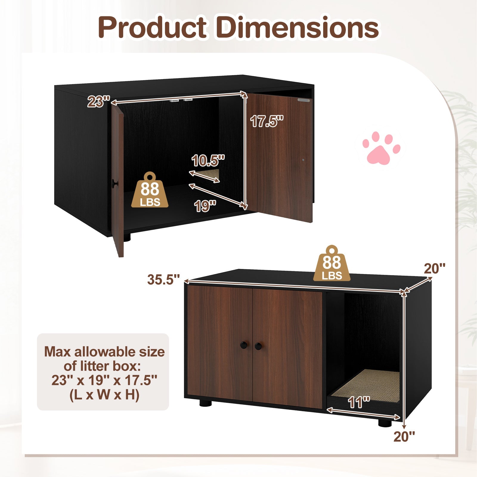 Cozy 2-Door Wooden Cabinet Enclosure with a Scratching Pad, or Litter Box - Cat - (3 Color Options)