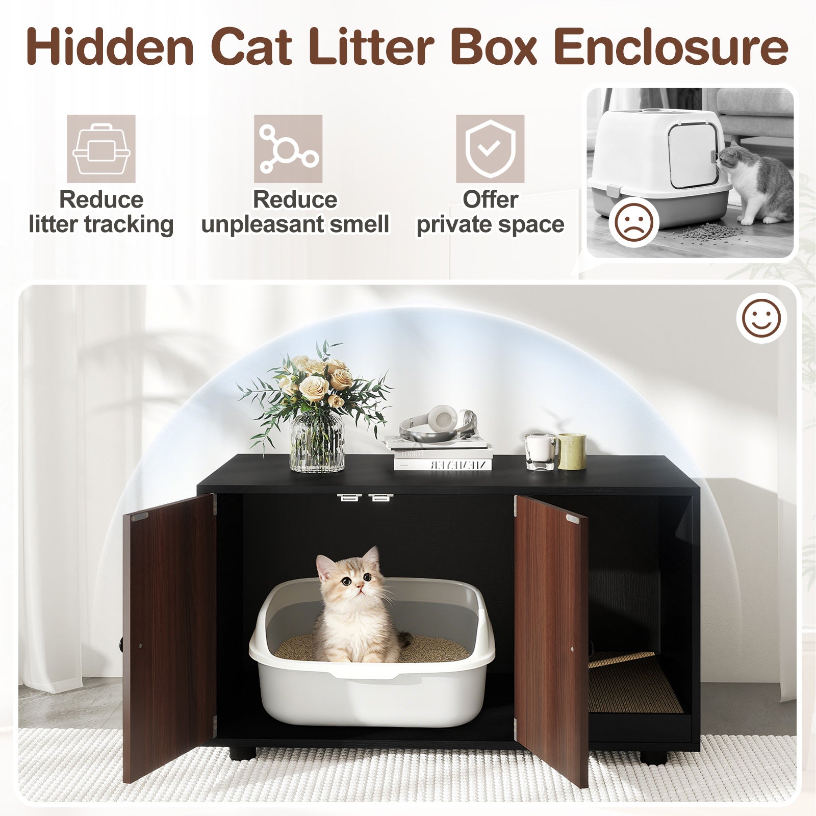 Cozy 2-Door Wooden Cabinet Enclosure with a Scratching Pad, or Litter Box - Cat - (3 Color Options)