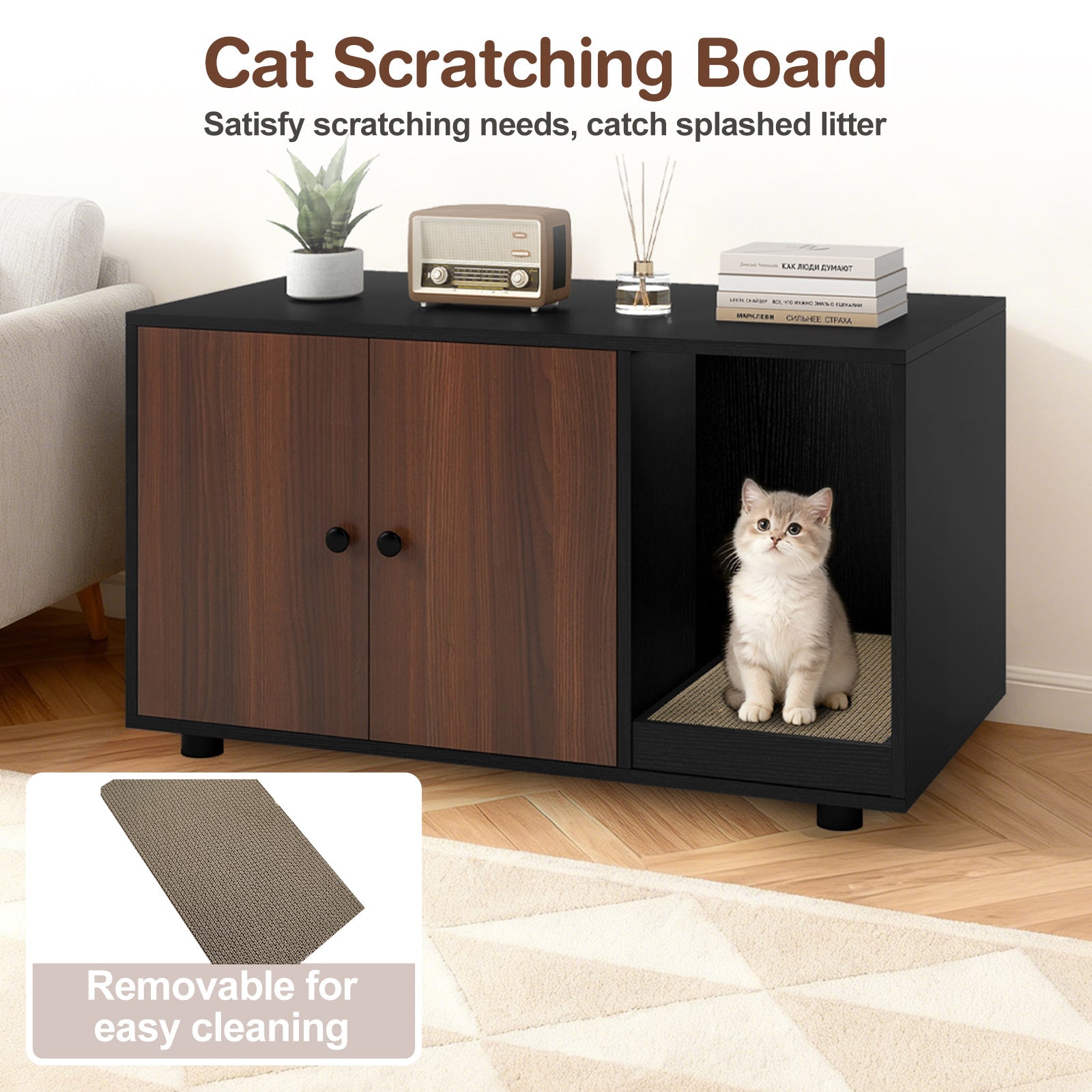 Cozy 2-Door Wooden Cabinet Enclosure with a Scratching Pad, or Litter Box - Cat - (3 Color Options)