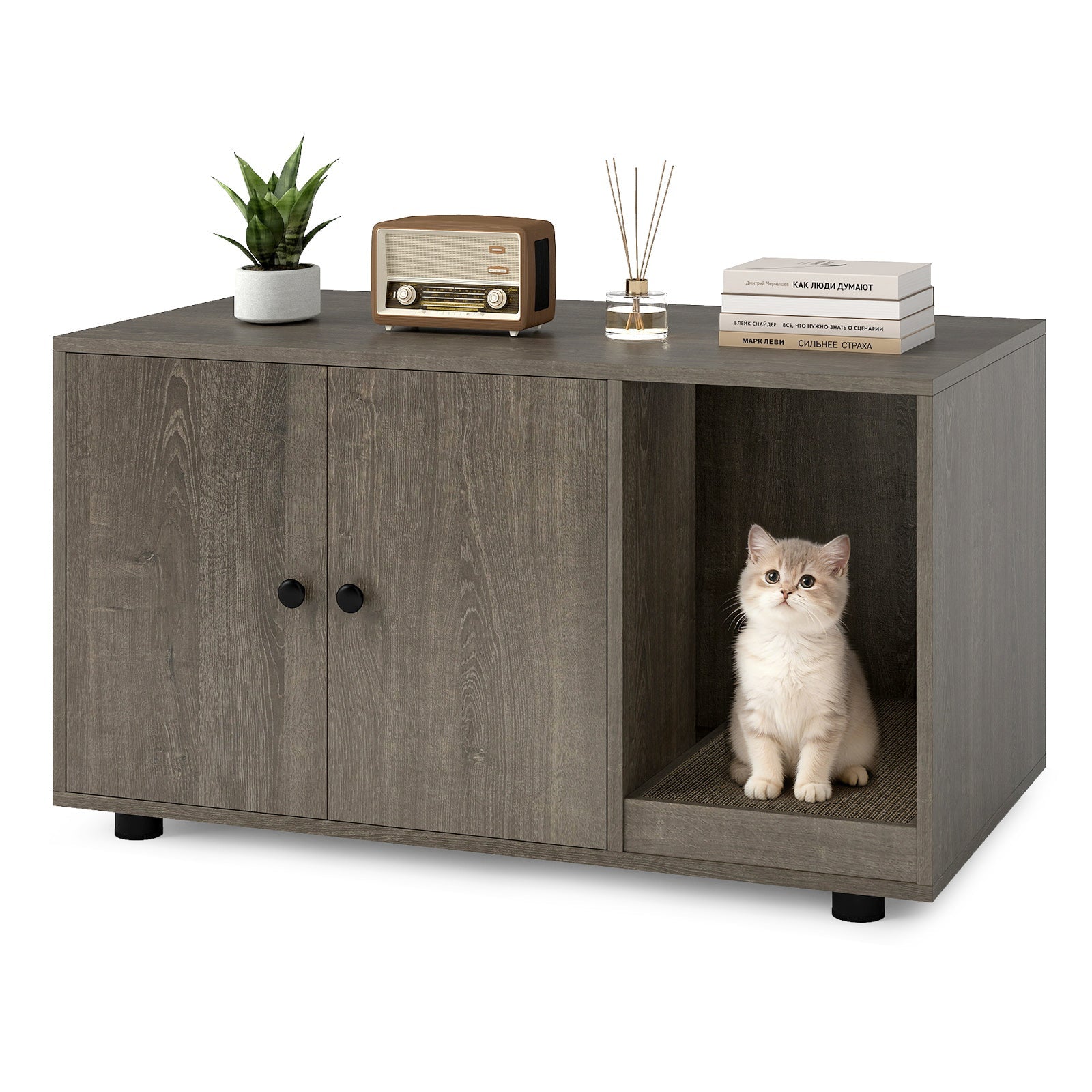 Cozy 2-Door Wooden Cabinet Enclosure with a Scratching Pad, or Litter Box - Cat - (3 Color Options)