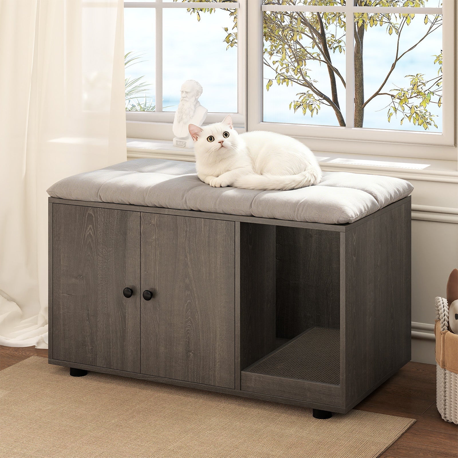 Cozy 2-Door Wooden Cabinet Enclosure with a Scratching Pad, or Litter Box - Cat - (3 Color Options)