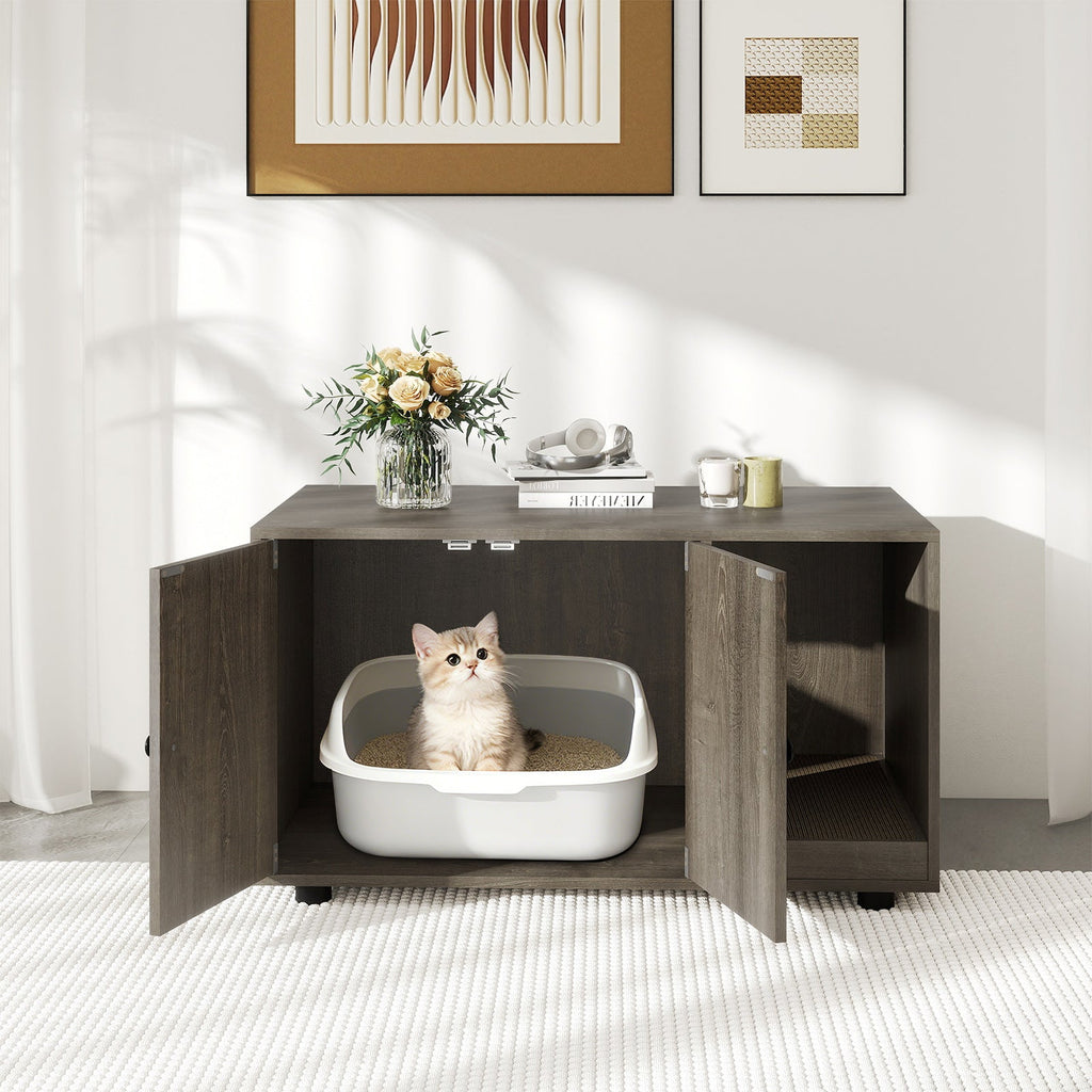 Cozy 2-Door Wooden Cabinet Enclosure with a Scratching Pad, or Litter Box - Cat - (3 Color Options)