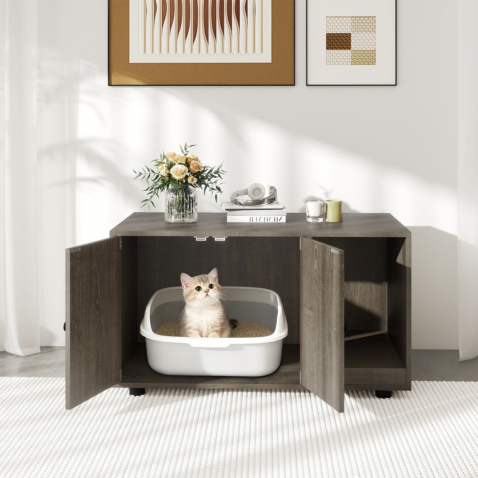 Cozy 2-Door Wooden Cabinet Enclosure with a Scratching Pad, or Litter Box - Cat - (3 Color Options)