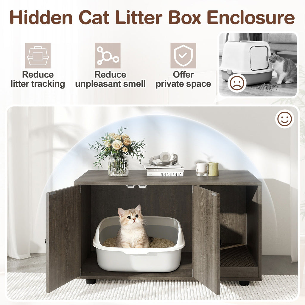 Cozy 2-Door Wooden Cabinet Enclosure with a Scratching Pad, or Litter Box - Cat - (3 Color Options)