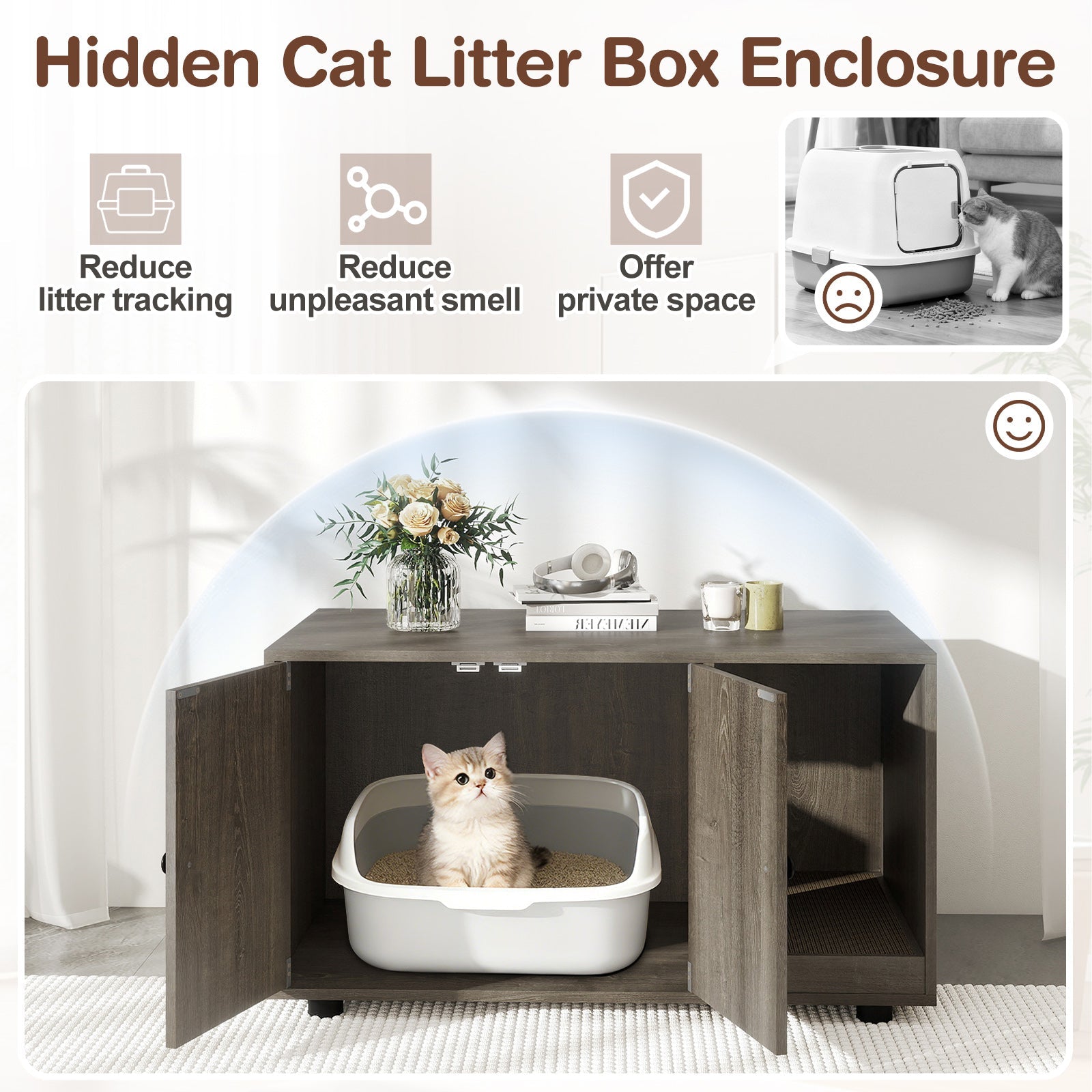 Cozy 2-Door Wooden Cabinet Enclosure with a Scratching Pad, or Litter Box - Cat - (3 Color Options)