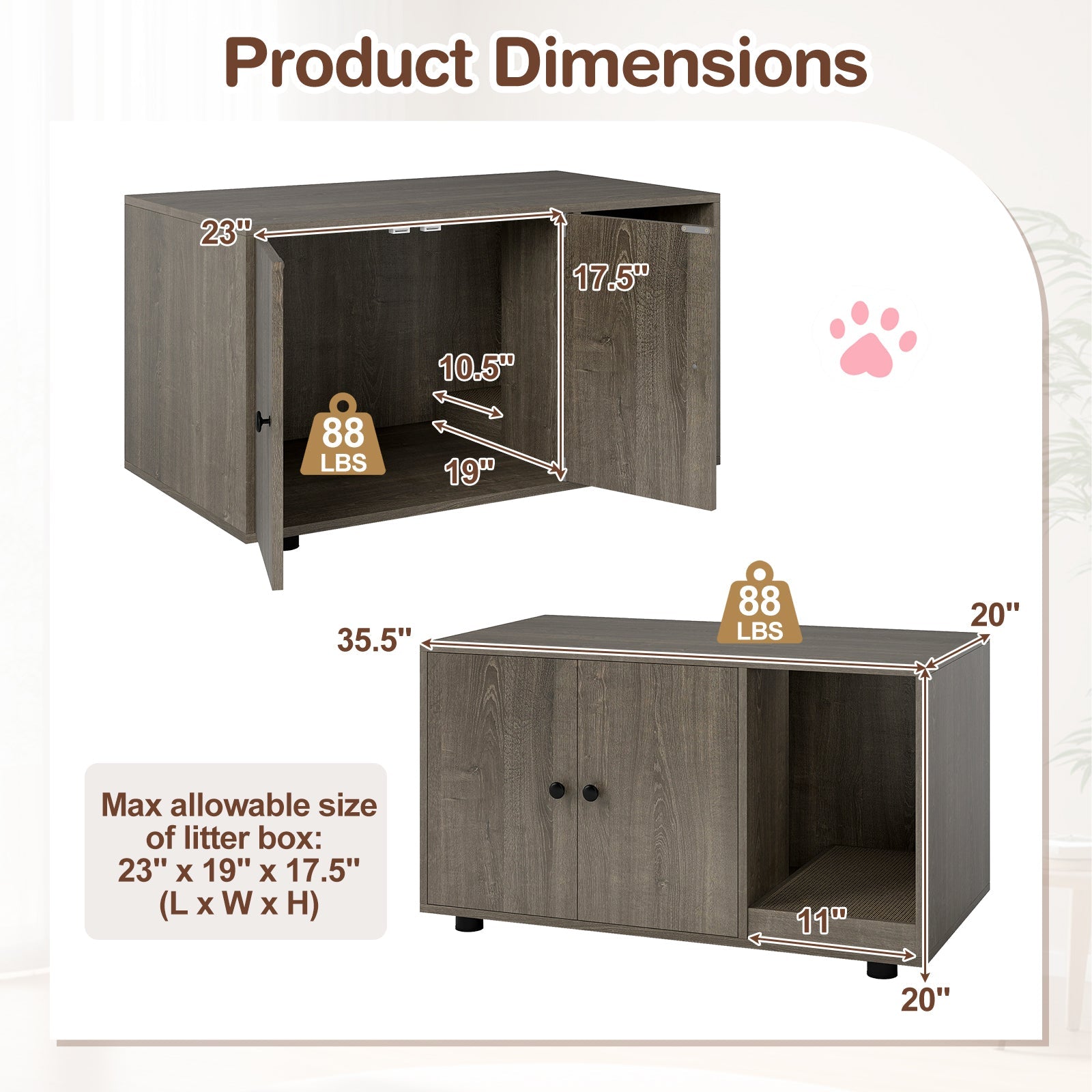 Cozy 2-Door Wooden Cabinet Enclosure with a Scratching Pad, or Litter Box - Cat - (3 Color Options)