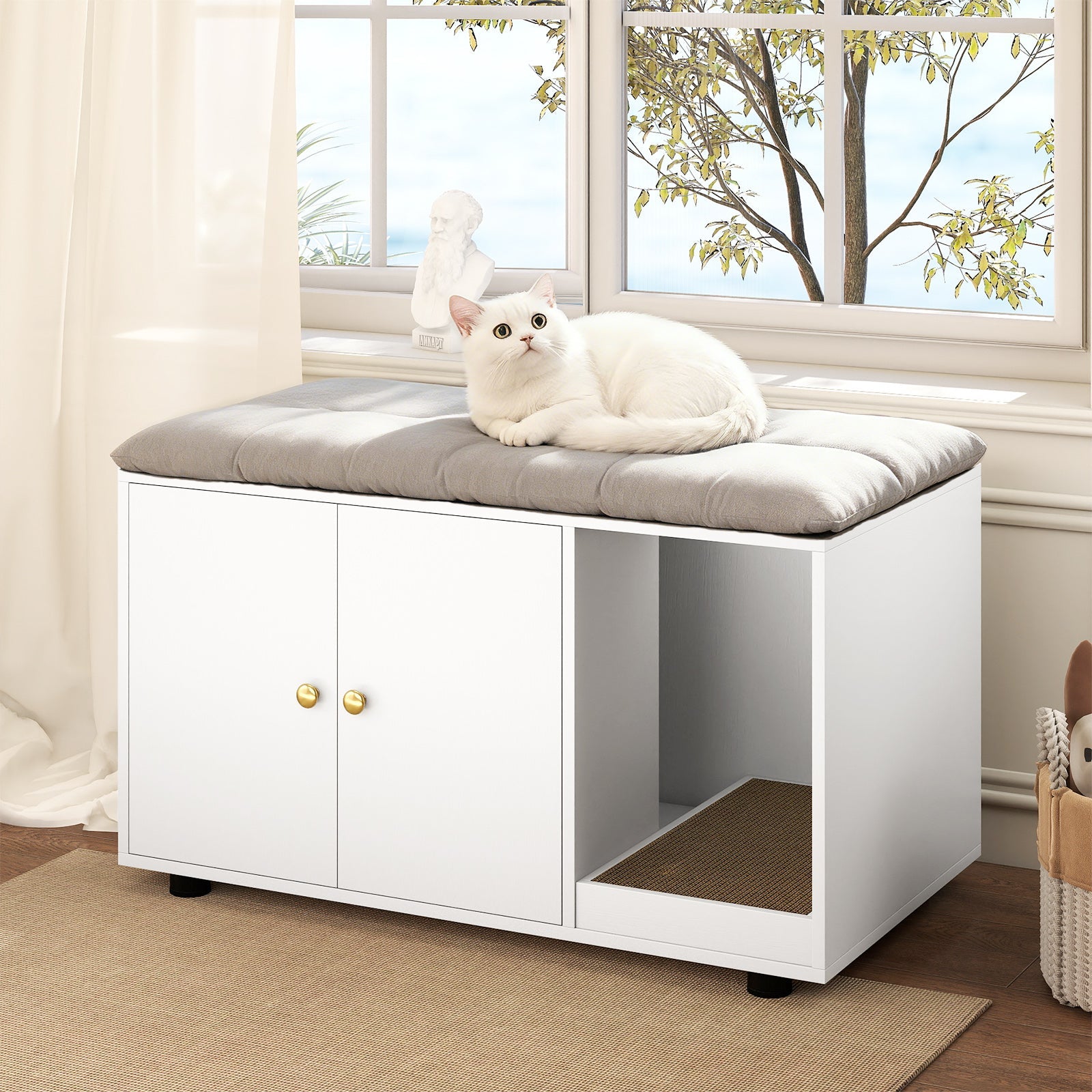 Cozy 2-Door Wooden Cabinet Enclosure with a Scratching Pad, or Litter Box - Cat - (3 Color Options)