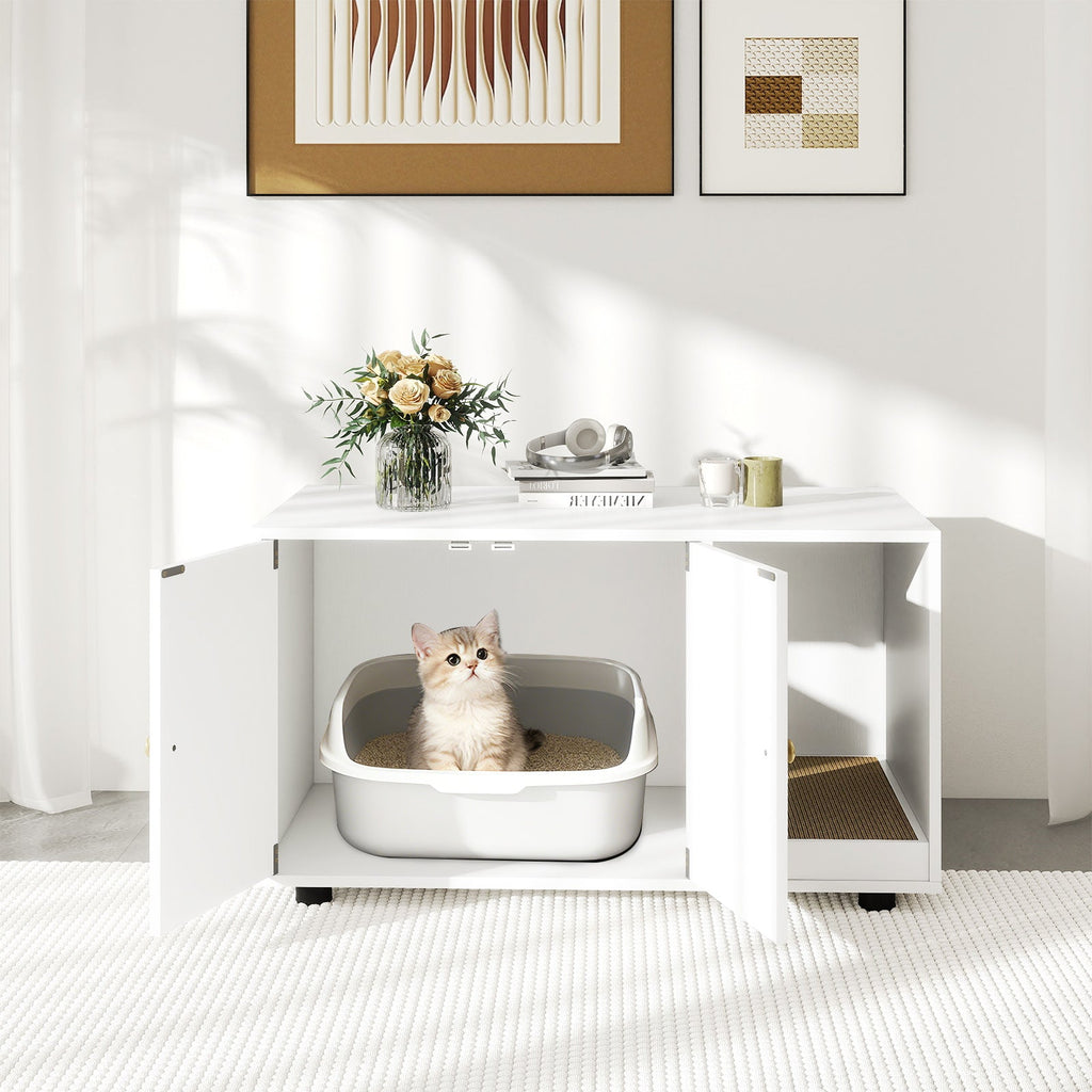 Cozy 2-Door Wooden Cabinet Enclosure with a Scratching Pad, or Litter Box - Cat - (3 Color Options)