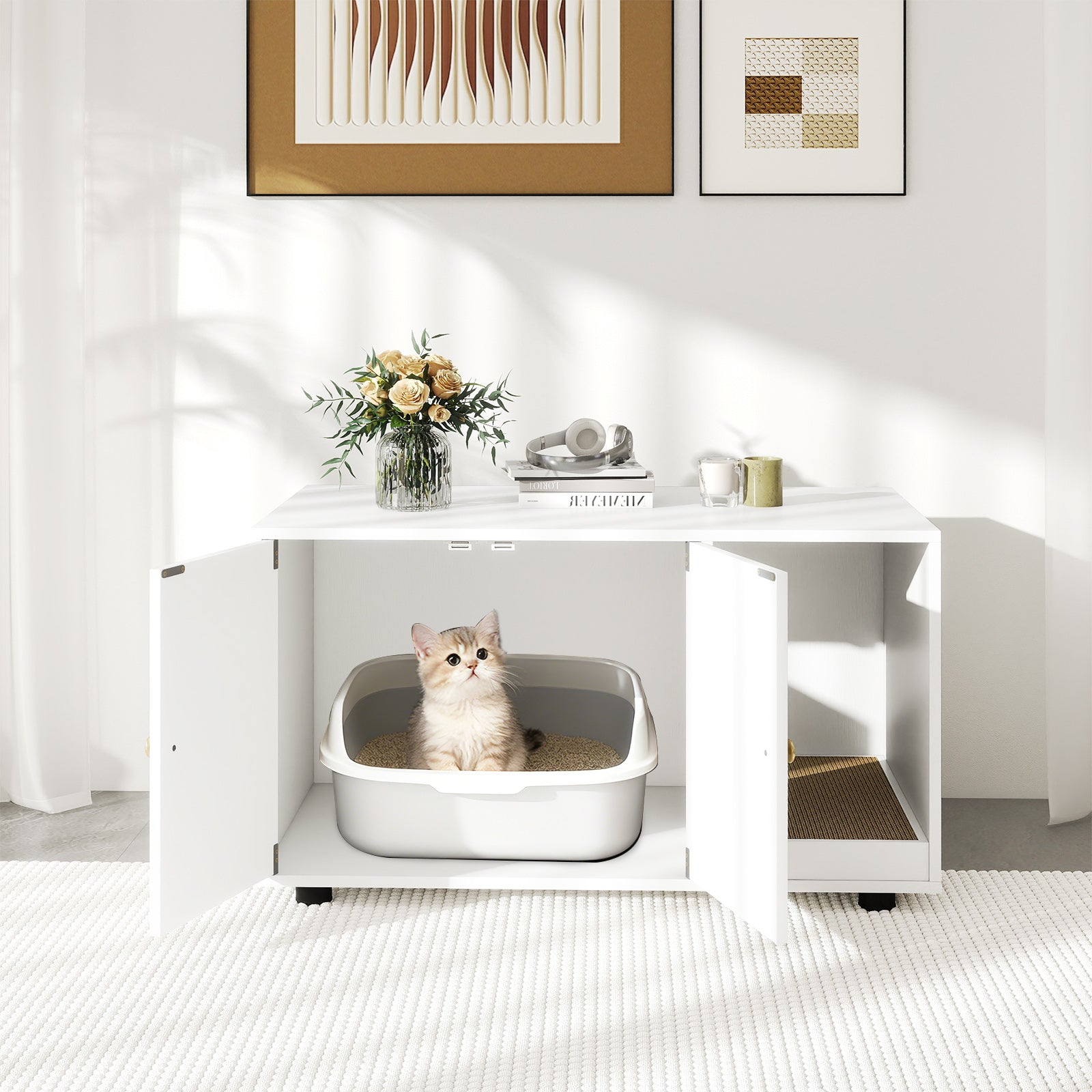 Cozy 2-Door Wooden Cabinet Enclosure with a Scratching Pad, or Litter Box - Cat - (3 Color Options)