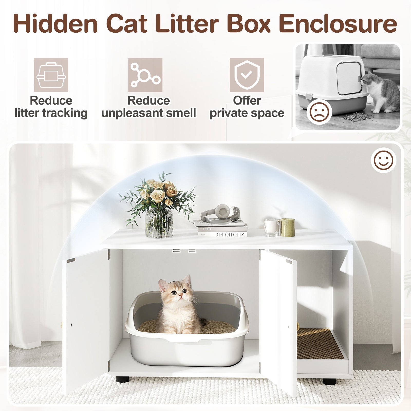 Cozy 2-Door Wooden Cabinet Enclosure with a Scratching Pad, or Litter Box - Cat - (3 Color Options)