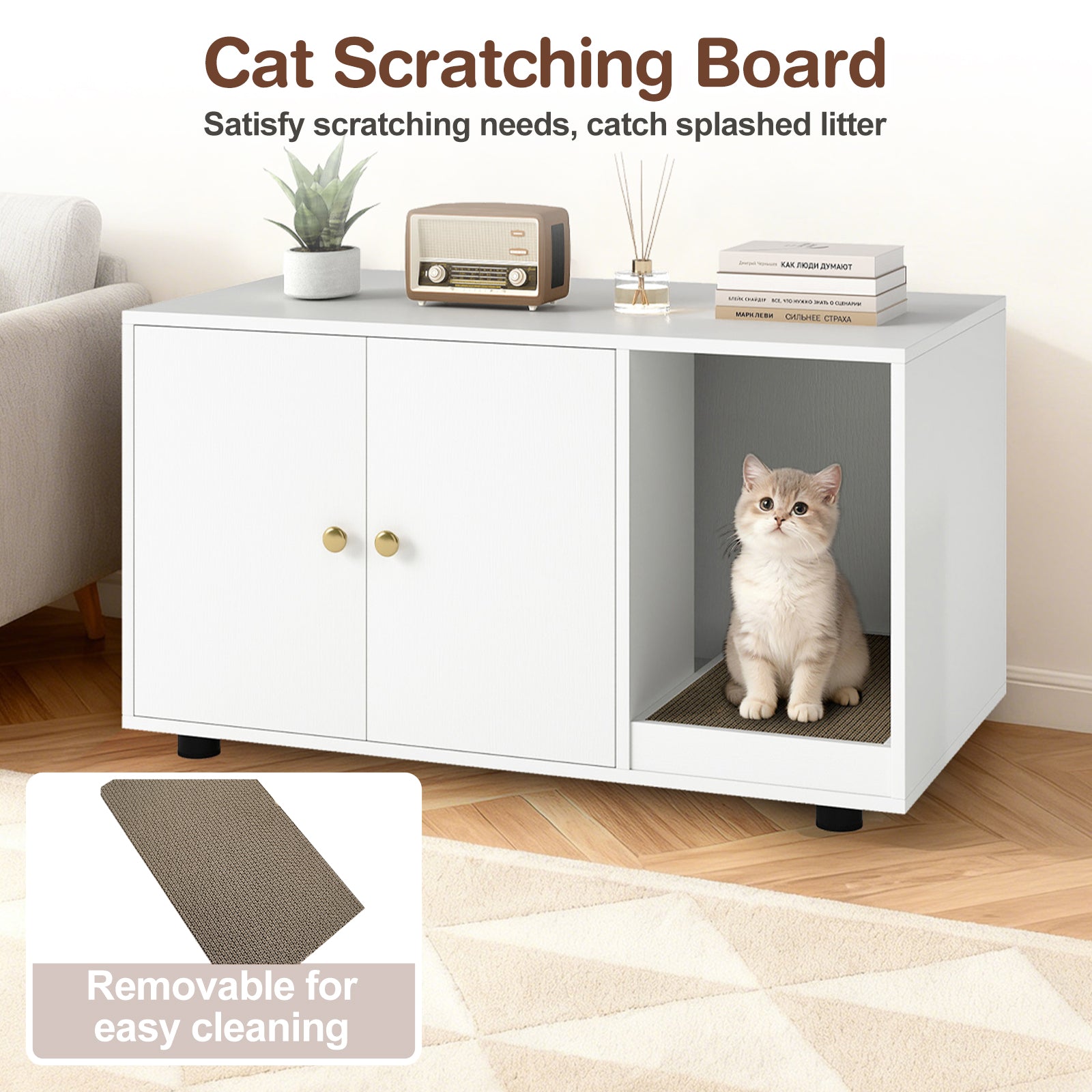 Cozy 2-Door Wooden Cabinet Enclosure with a Scratching Pad, or Litter Box - Cat - (3 Color Options)