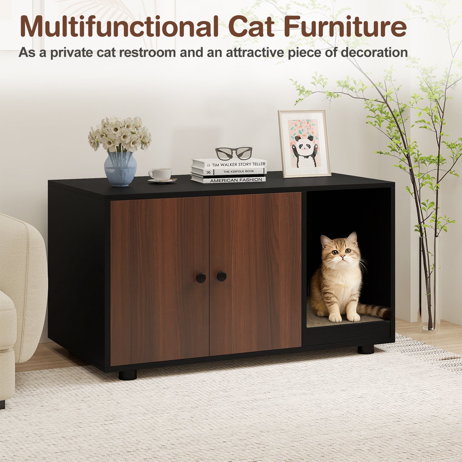 Cozy 2-Door Wooden Cabinet Enclosure with a Scratching Pad, or Litter Box - Cat - (3 Color Options)