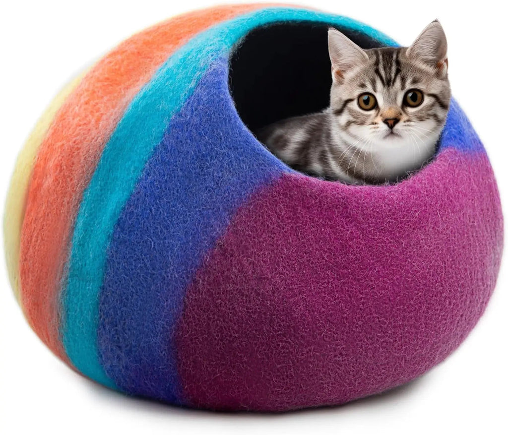 Bed of Handmade Merino Wool Makes for a Cozy Covered House – Cat - (Rainbow Design) - (While Supplies Last)