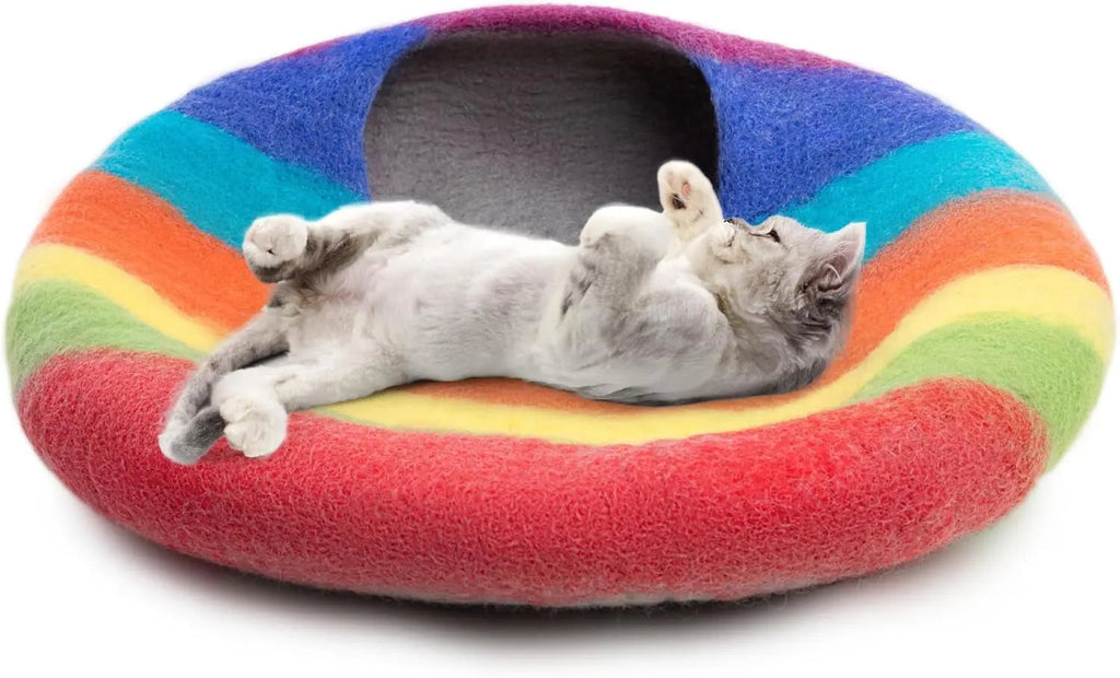 Bed of Handmade Merino Wool Makes for a Cozy Covered House – Cat - (Rainbow Design) - (While Supplies Last)