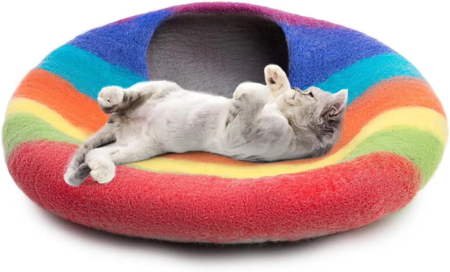 Bed of Handmade Merino Wool Makes for a Cozy Covered House – Cat - (Rainbow Design) - (While Supplies Last)