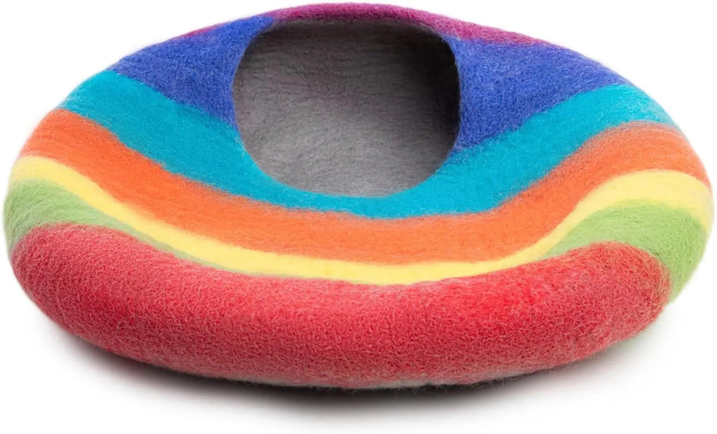 Bed of Handmade Merino Wool Makes for a Cozy Covered House – Cat - (Rainbow Design) - (While Supplies Last)