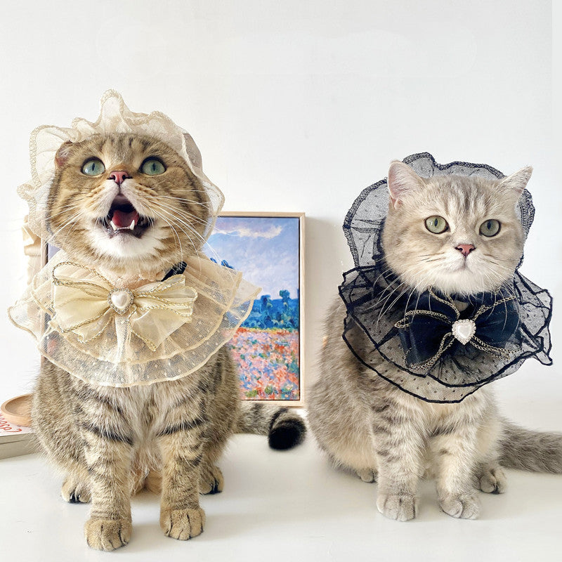 Lace Bibs and Princess Hat - Dog Cat - (Beige, Black) - (S-M) One Size Fits All