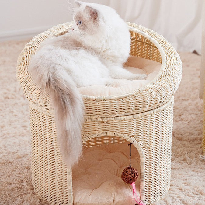 Woven Rattan Double-layer Bed - Cat - (6 Color Options) - (Two Beds in One Piece)