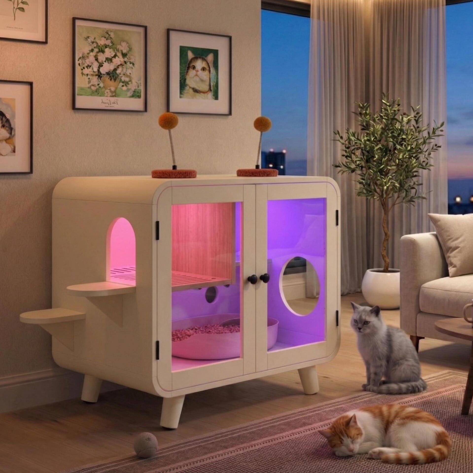 Litter Box Enclosure with LED Light and Glass Doors - Cat - (Total Privacy) - (Toys Included) - (While Supplies Last)