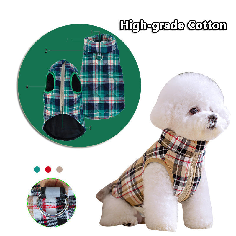 Heavy Cotton British Plaid Zipper Down Jacket - Dog Cat - (Green, Red) - (XS-3XL)