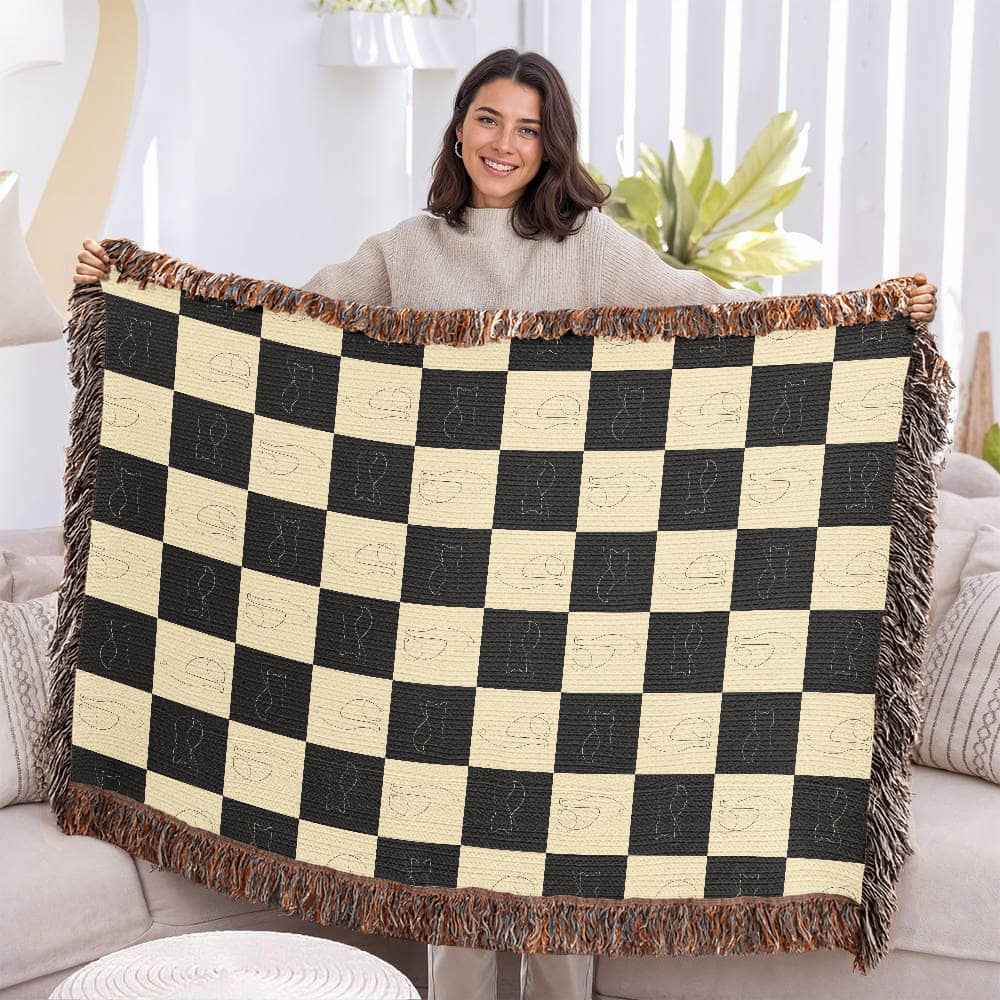 Checked Feline Throw Blanket with Gold & Black Cat Outline - Cat - (3 Sizes) - (S,M,L)