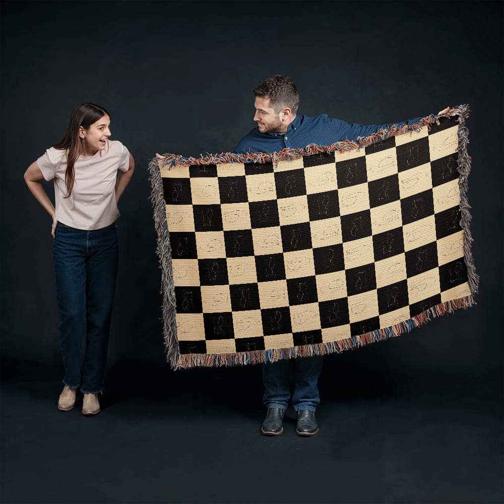 Checked Feline Throw Blanket with Gold & Black Cat Outline - Cat - (3 Sizes) - (S,M,L)