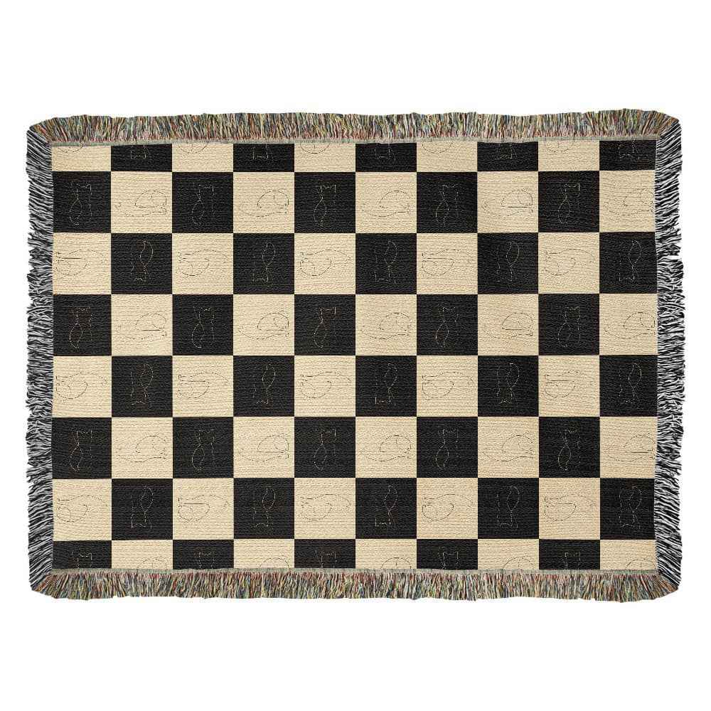 Checked Feline Throw Blanket with Gold & Black Cat Outline - Cat - (3 Sizes) - (S,M,L)