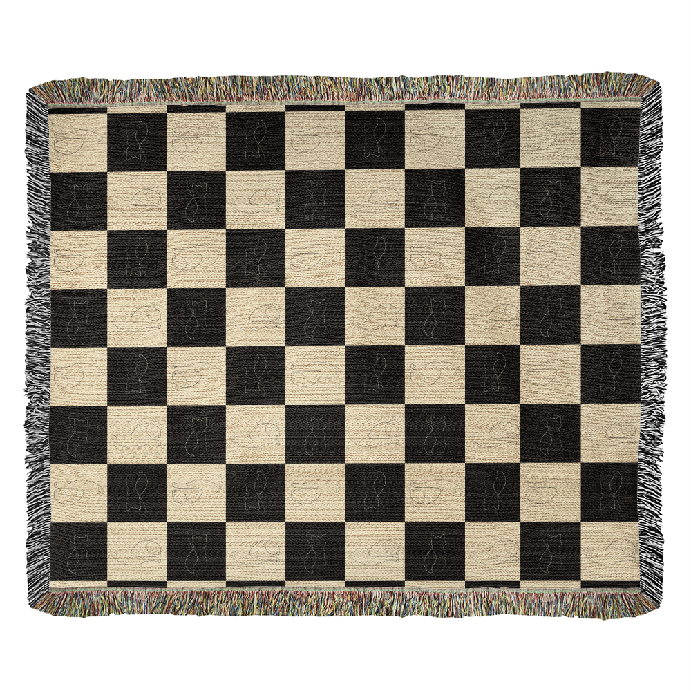 Checked Feline Throw Blanket with Gold & Black Cat Outline - Cat - (3 Sizes) - (S,M,L)