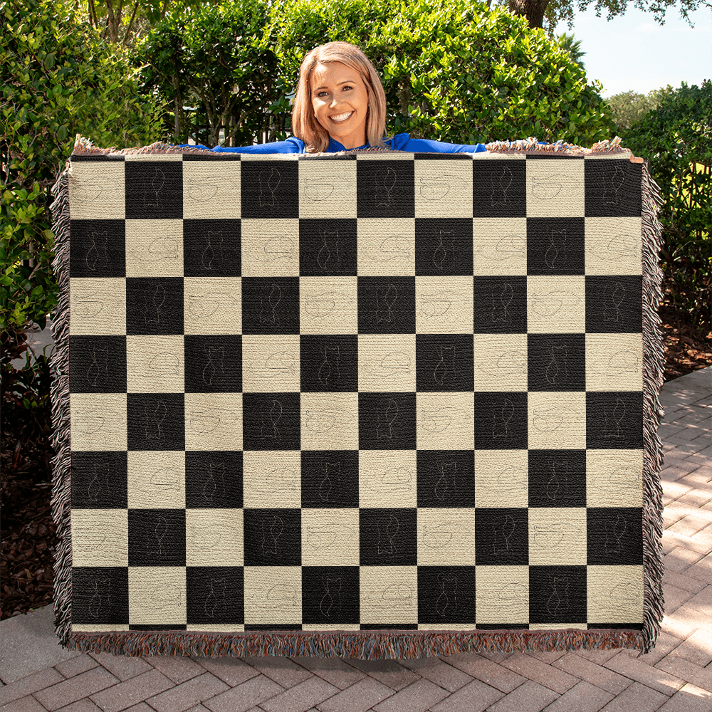Checked Feline Throw Blanket with Gold & Black Cat Outline - Cat - (3 Sizes) - (S,M,L)