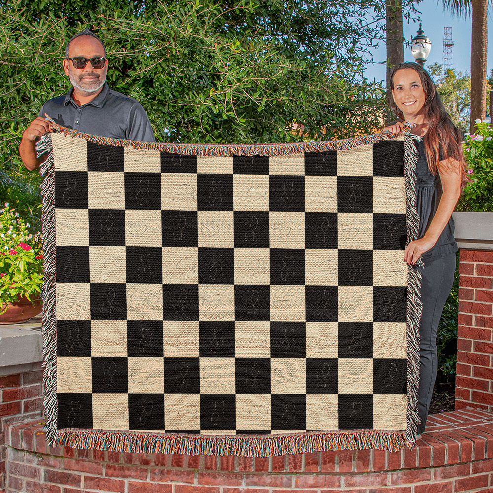 Checked Feline Throw Blanket with Gold & Black Cat Outline - Cat - (3 Sizes) - (S,M,L)