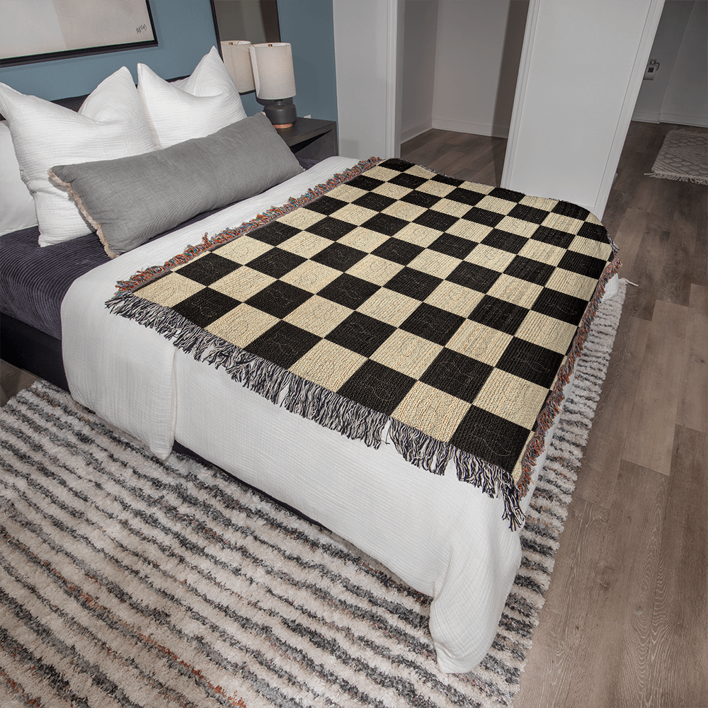 Checked Feline Throw Blanket with Gold & Black Cat Outline - Cat - (3 Sizes) - (S,M,L)