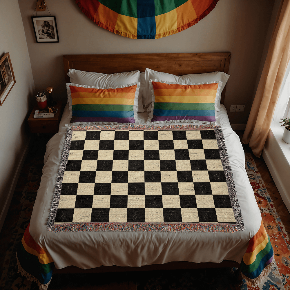 Checked Feline Throw Blanket with Gold & Black Cat Outline - Cat - (3 Sizes) - (S,M,L)
