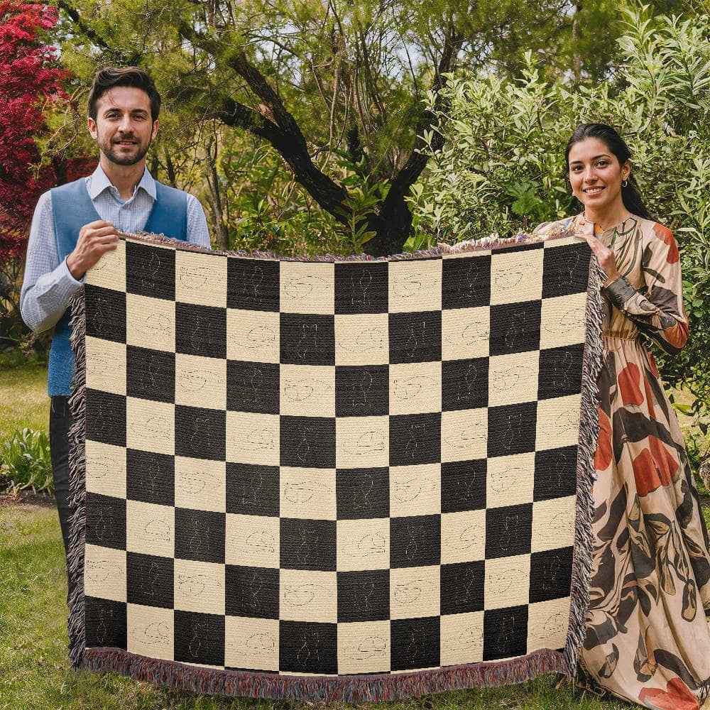 Checked Feline Throw Blanket with Gold & Black Cat Outline - Cat - (3 Sizes) - (S,M,L)