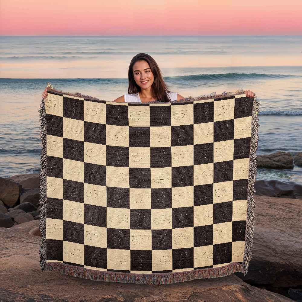 Checked Feline Throw Blanket with Gold & Black Cat Outline - Cat - (3 Sizes) - (S,M,L)