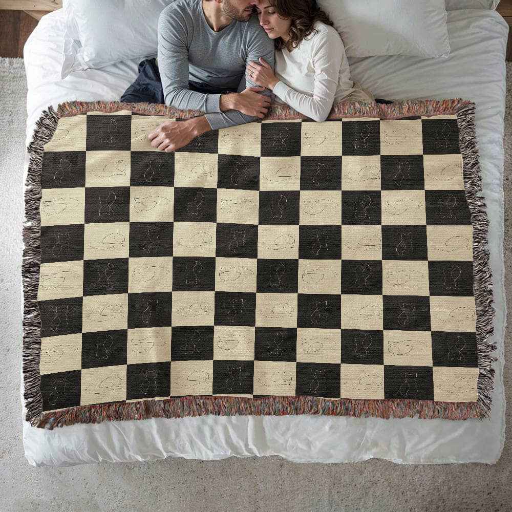 Checked Feline Throw Blanket with Gold & Black Cat Outline - Cat - (3 Sizes) - (S,M,L)
