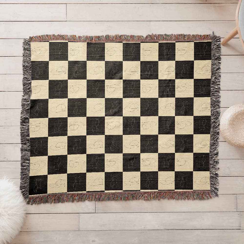 Checked Feline Throw Blanket with Gold & Black Cat Outline - Cat - (3 Sizes) - (S,M,L)