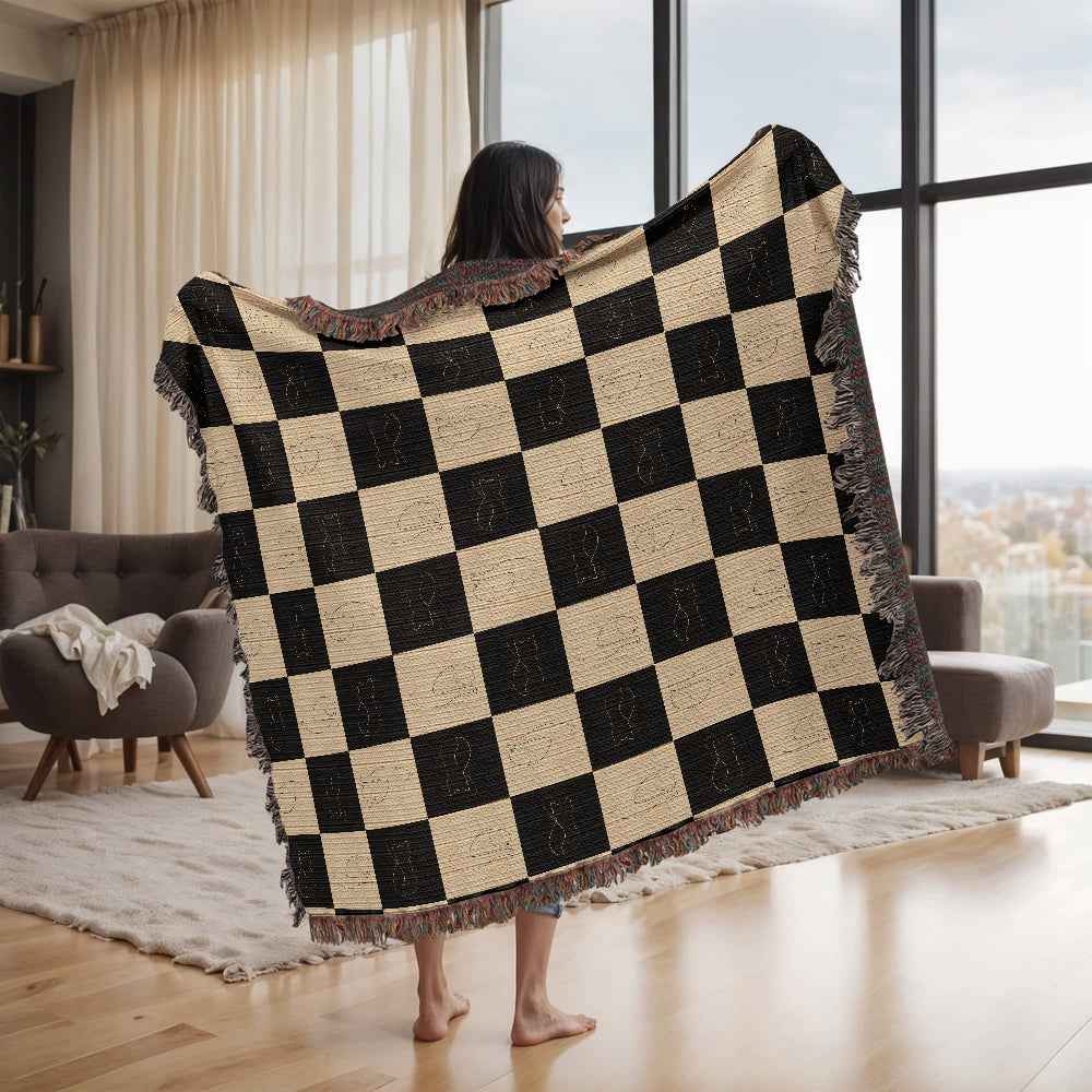 Checked Feline Throw Blanket with Gold & Black Cat Outline - Cat - (3 Sizes) - (S,M,L)