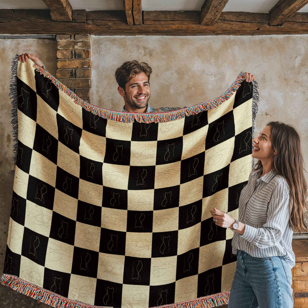 Checked Feline Throw Blanket with Gold & Black Cat Outline - Cat - (3 Sizes) - (S,M,L)